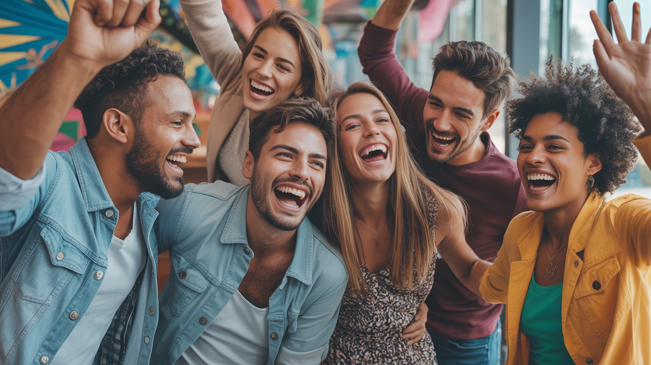 Grupo de amigos se divertindo e celebrando juntos, representando a experiência de apoiar no Folkeen