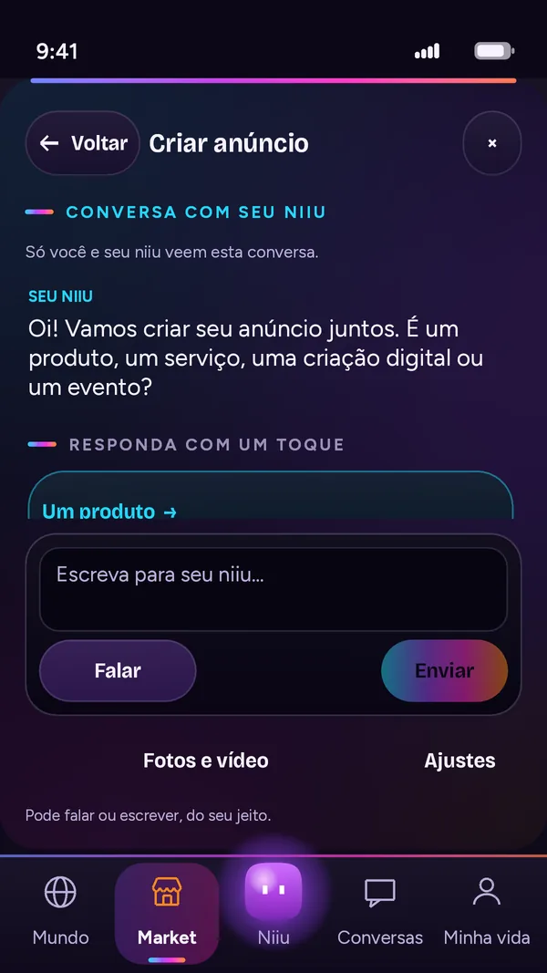 Tela Criar anúncio: o Niiu pergunta se é um produto, um serviço, uma criação digital ou um evento