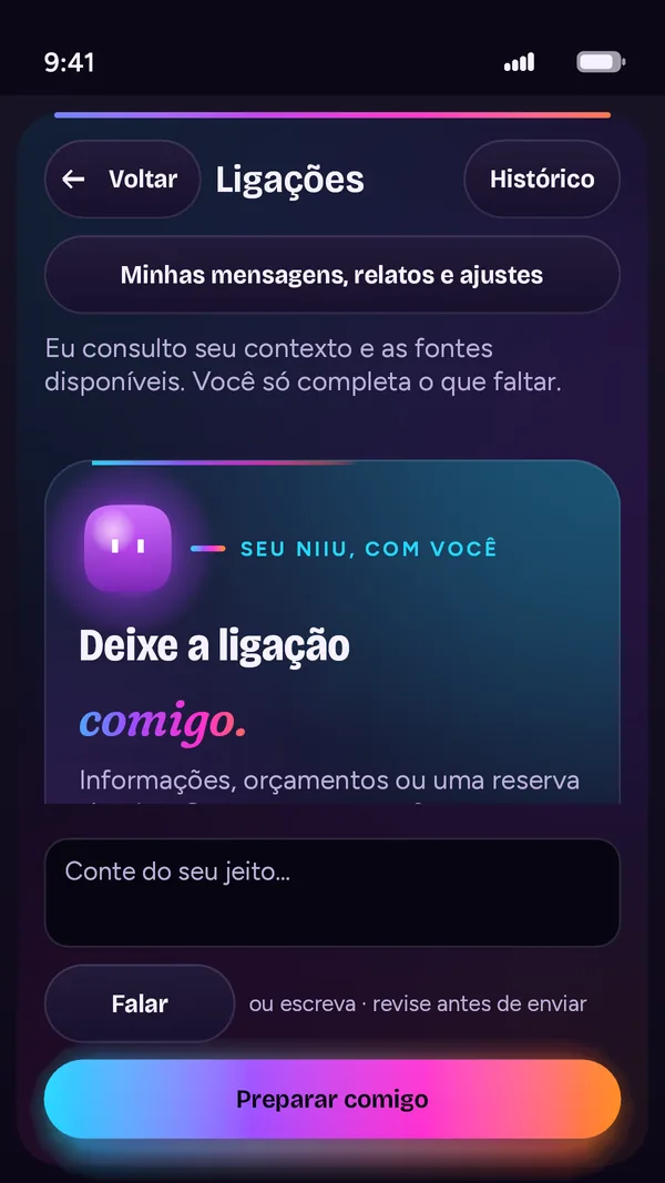 Tela Ligações: Deixe a ligação comigo. Informações, orçamentos ou uma reserva simples