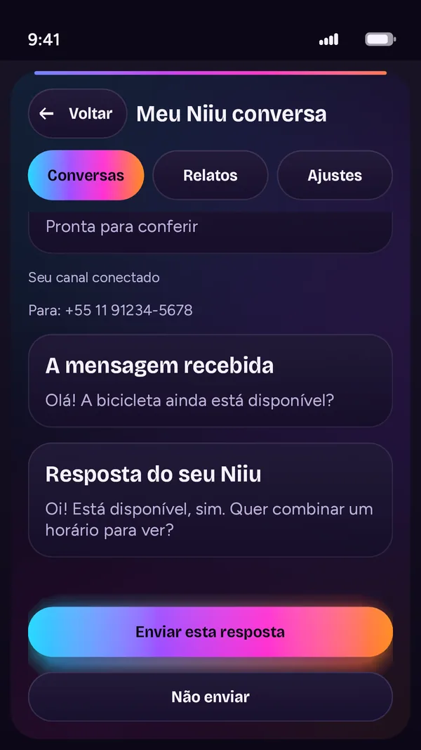 Tela Meu Niiu conversa com a mensagem recebida e a resposta preparada pelo Niiu