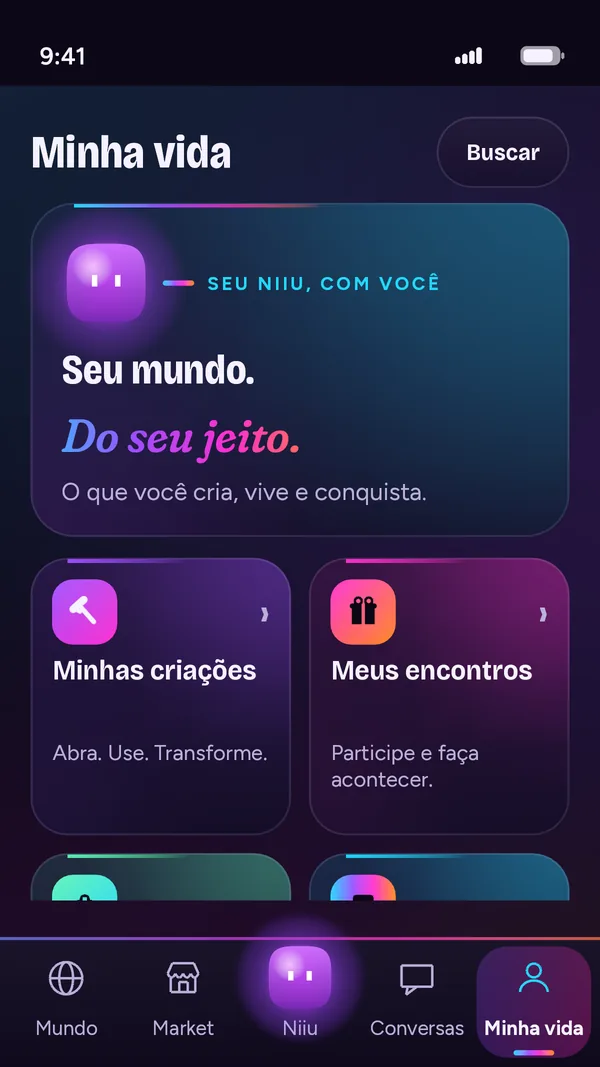 Tela Minha vida com criações, encontros, carteira e vendas