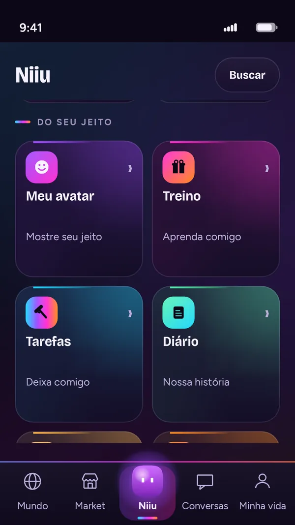 Tela Niiu com os atalhos Meu avatar, Treino, Tarefas, Diário, Meu Niiu e Ajustes