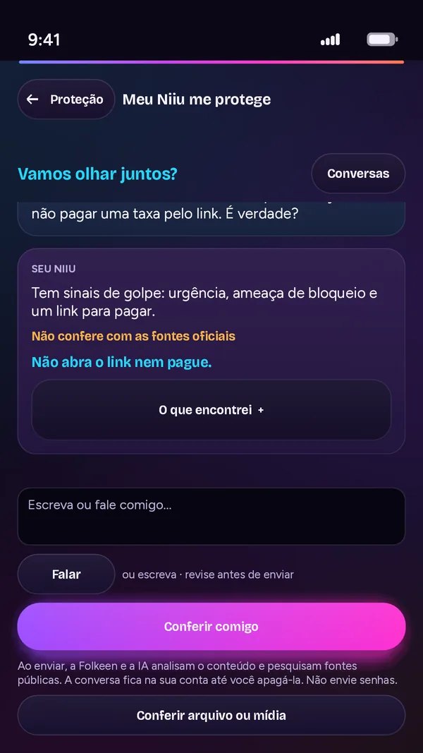 Tela Meu Niiu me protege: o Niiu confere uma mensagem suspeita antes de você agir